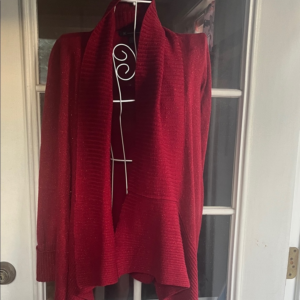 INC International Concepts Red Open-Front Sparkle Shawl Cardigan